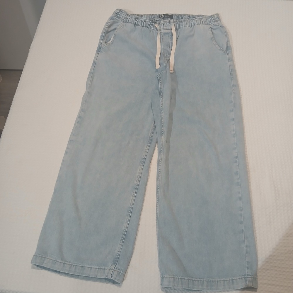 Gap High Rise Wide Leg Light Wash Denim Drawstring Pants Large